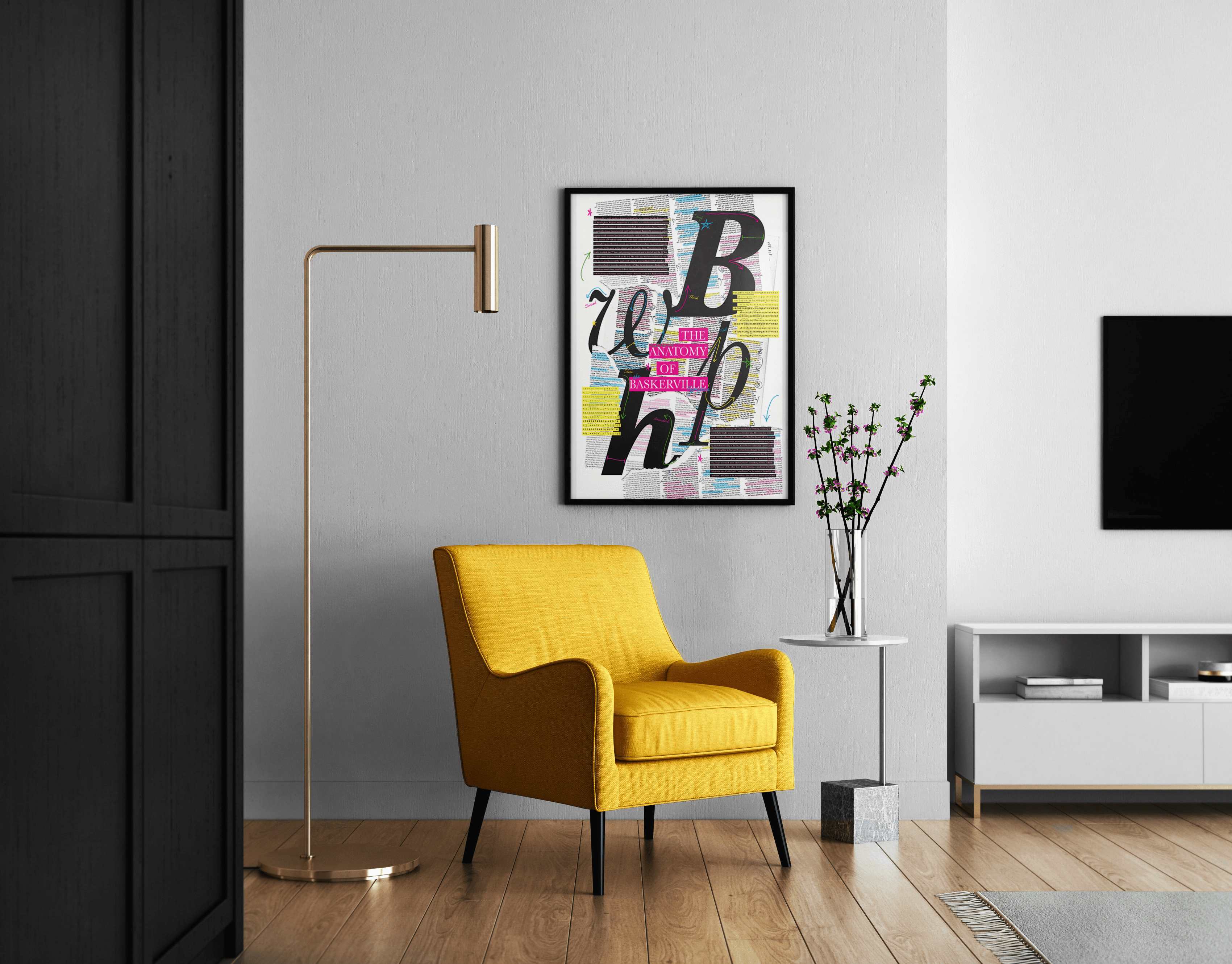 A mockup of type specimen posters in a livingroom.