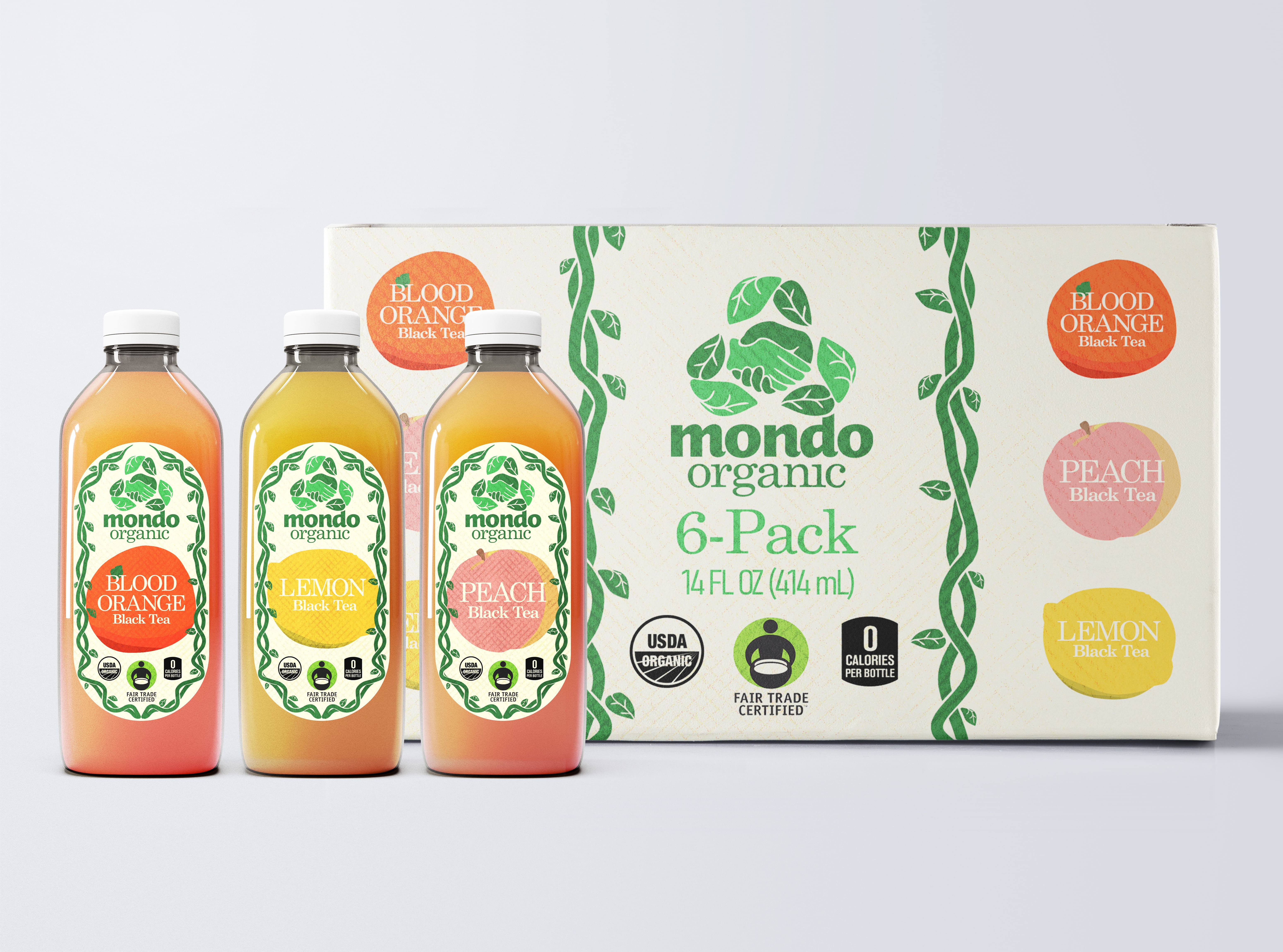 A mockup of several Mondo tea bottles with the box behind them. 