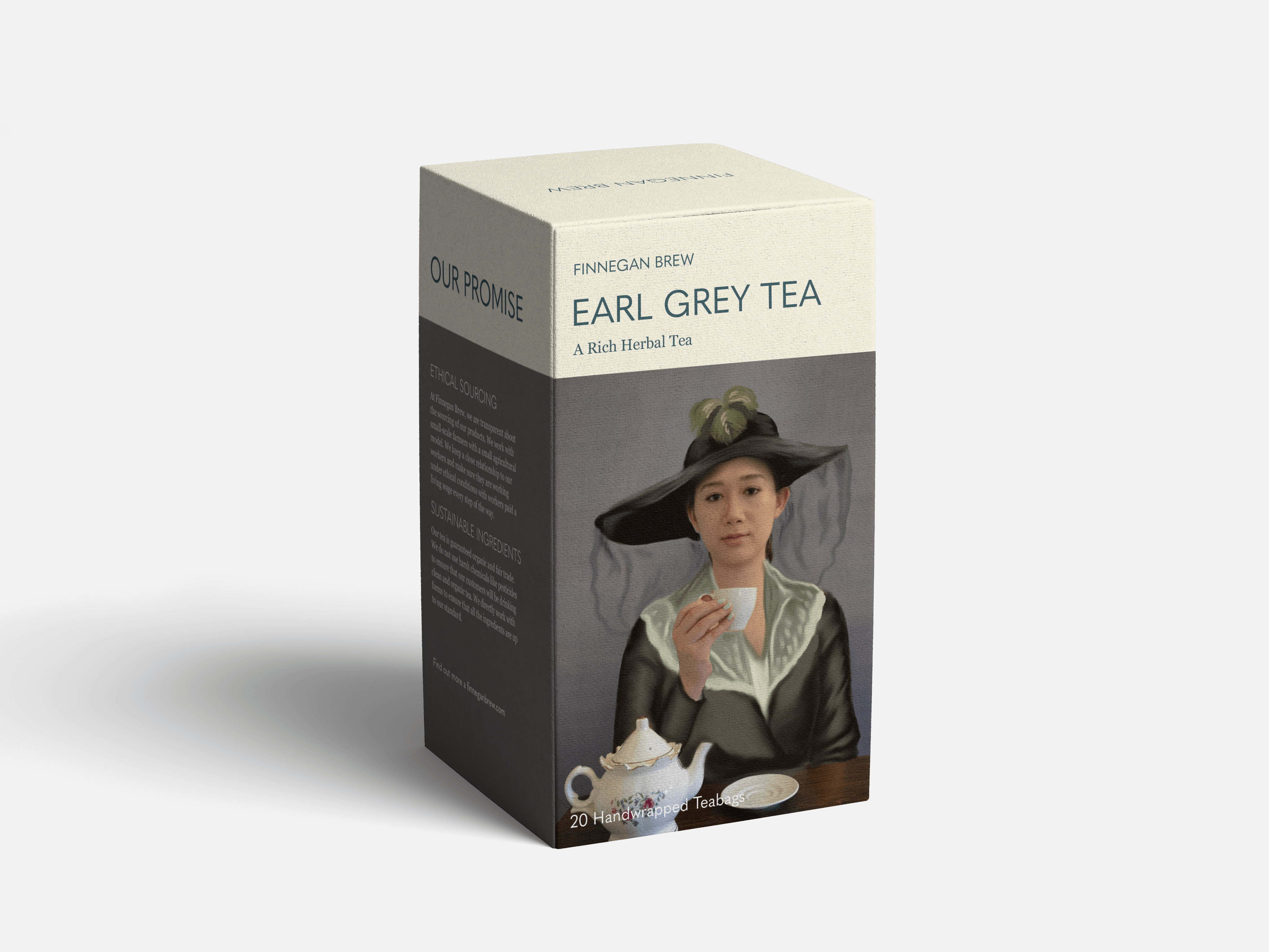 A mockup of a packaging design for a tea box. 