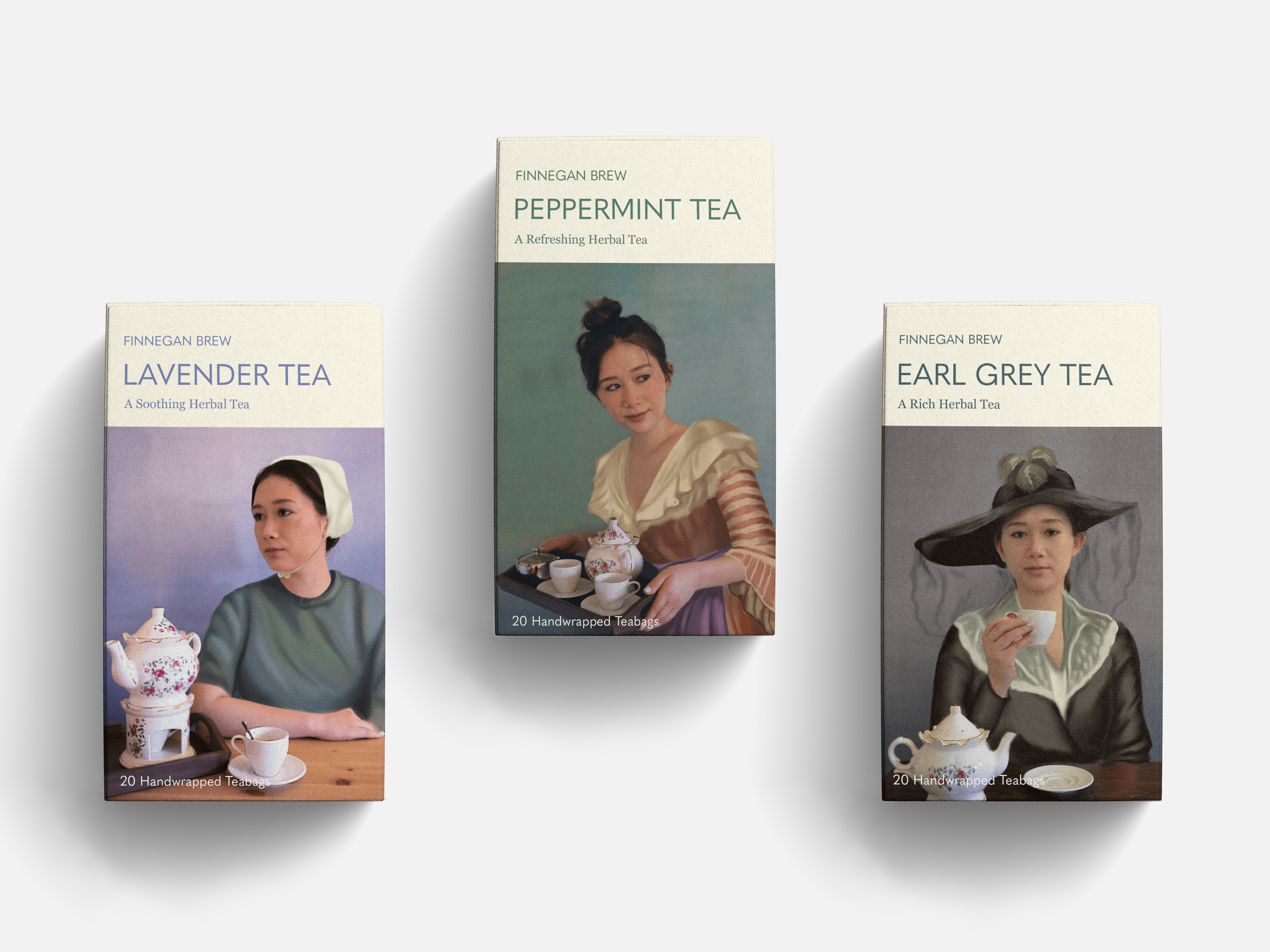 A mockup of a packaging design for three tea boxes.